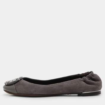 Pre Owned Tory Burch Dark Grey Patent Leather and Suede Reva Ballet Flats Size 36