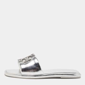 مملوكة مسبقًا Tory Burch Silver Leather Double T Flat Slides Size 40.5