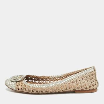 مملوكة مسبقًا Tory Burch Gold/Silver Woven Leather Reva Scrunch Ballet Flats Size 37.5