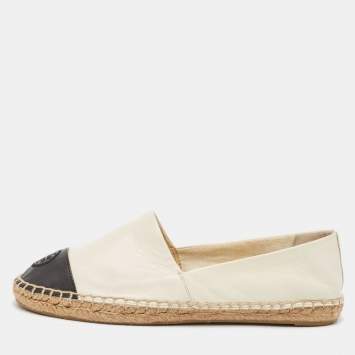 مملوكة مسبقًا Tory Burch Off-White/Black Leather Logo Cap Toe Espadrille Flats Size 37.5