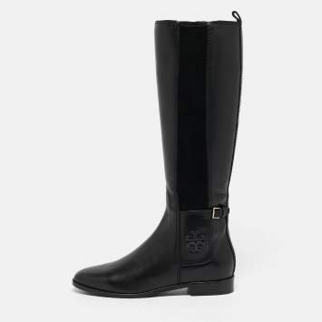 Pre Owned Tory Burch Black Leather Knee Length Boots Size 38.5