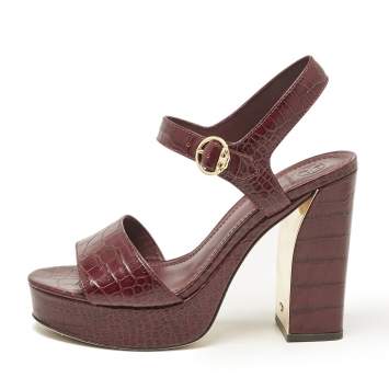 Tory Burch Burgundy Croc Embossed Leather Martine Platform Sandals Size 41