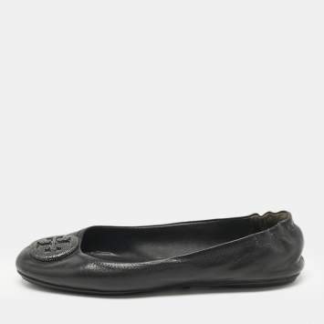 Pre Owned Tory Burch Black Leather Minnie Travel Ballet Flats Size 40.5
