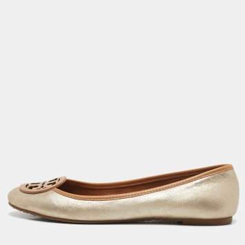 Pre Owned Tory Burch Gold/Brown Leather Ballet Flats Size 37.5