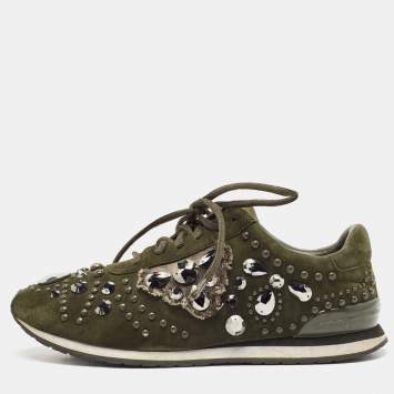 Tory Burch Green Suede Scarlett Crystal Embellished Sneakers Size 38.5