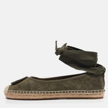 Pre Owned Tory Burch Green Suede Minnie Travel Ballet Flats Size 36.5