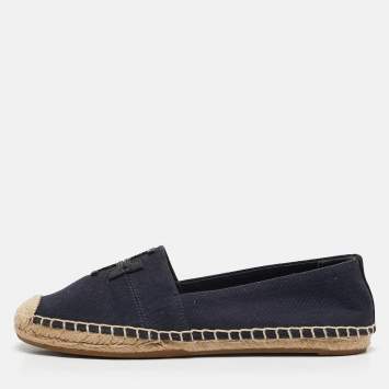 Pre Owned Tory Burch Navy Blue Canvas And Leather Espadrilles Flats Size 37.5