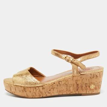 Tory Burch Metallic Gold Suede Ankle Strap Wedge Sandals Size 38