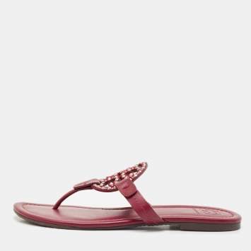 Pre Owned Tory Burch Burgundy Leather Miller Thong Flats Size 37