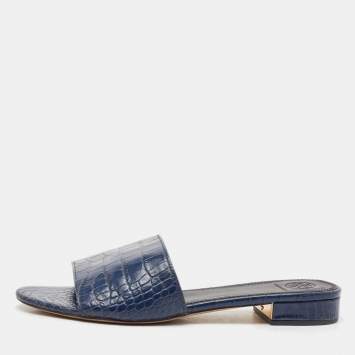 Tory Burch Navy Blue Croc Embossed Leather Martine Slide Sandals Size 39