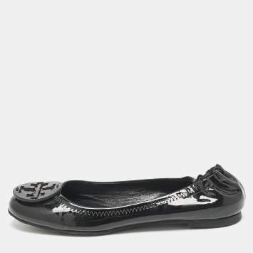 مملوكة مسبقًا Tory Burch Black Patent Leather Minnie Travel Ballet Flats Size 38.5