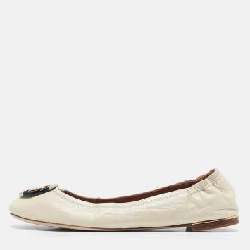 Pre Owned Tory Burch Cream Leather Minnie Ballet Flats Size 39