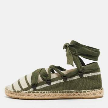 Pre Owned Tory Burch Green/White Stripe Canvas Ankle Wrap Espadrille Flats Size 37