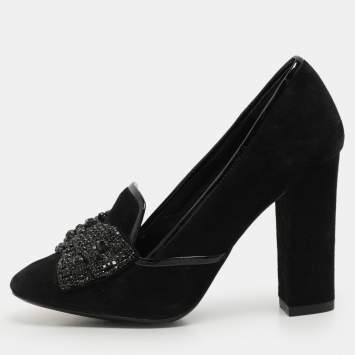 Pre Owned Tory Burch Black Suede Carissa Bow Embellished Pumps Size 36