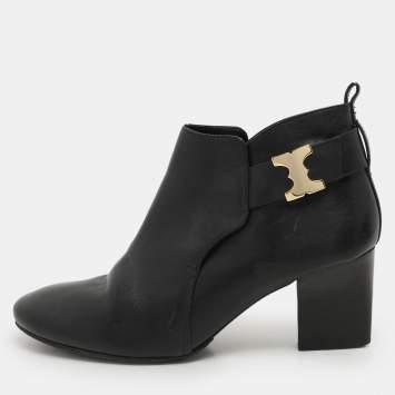 Pre Owned Tory Burch Black Leather Ankle Length Boots Size 41