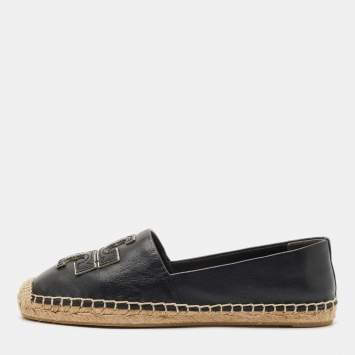 Tory Burch Black Leather Ines Espadrille Flats Size 37.5