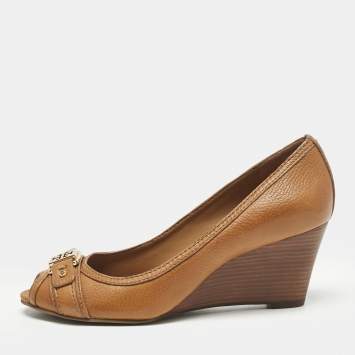 Pre Owned Tory Burch Brown Leather Leticia Peep Toe Wedge Pumps Size 37.5