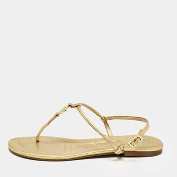 Pre Owned Tory Burch Gold Leather Thong Slingback Flat Sandals Size 36