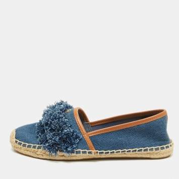 Tory Burch Navy Blue Denim Shaw Fringe Espadrille Flats Size 38