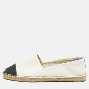 Pre Owned Tory Burch White/Black Leather Logo Cap Toe Espadrille Flats Size 39.5