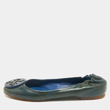 Pre Owned Tory Burch Dark Green Patent Leather Minnie Ballet Flats Size 39