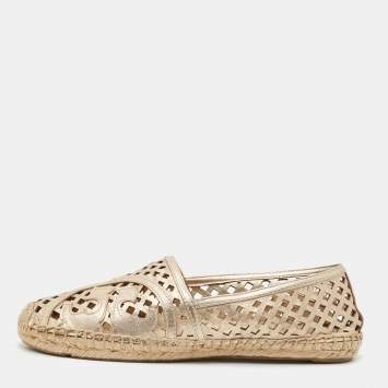 Pre Owned Tory Burch Gold Leather Laser Cut Espadrille Flats Size 40