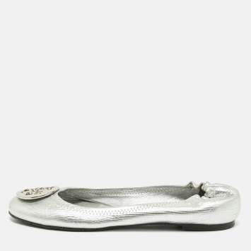 Tory Burch Metallic Silver Leather Reva Scrunch Ballet Flats Size 41