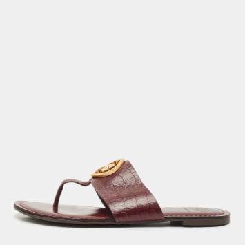 Pre Owned Tory Burch Burgundy Croc Embossed Leather Amanda Thong Sandals Size 37.5