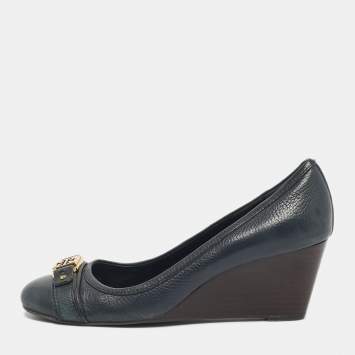 Pre Owned Tory Burch Navy Blue Leather Lowell Wedge Pumps Size 39.5