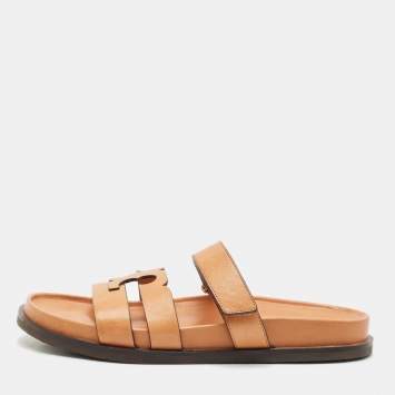مملوكة مسبقًا Tory Burch Tan Leather Ines Sport Flat Slides Size 41