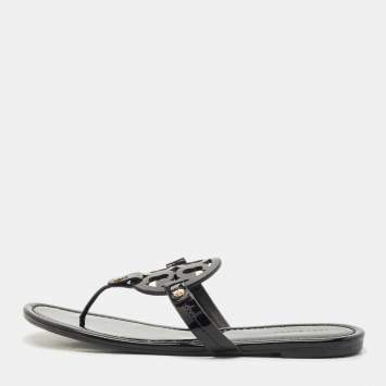 مملوكة مسبقًا Tory Burch Black Patent Leather Miller Thong Flats Size 39.5