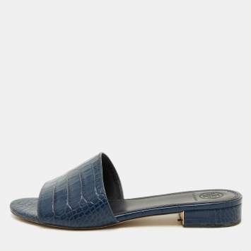 Tory Burch Navy Blue Croc Embossed Leather Martine Flat Slide Sandals Size 38.5