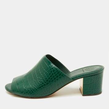 Tory Burch Green Croc Embossed Leather Martine Block Heel Slide Sandals Size 39