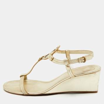 Tory Burch Gold Leather Wedge Sandals Size 39.5