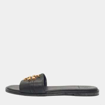 Pre Owned Tory Burch Black Leather Everly Flat Slides Size 36