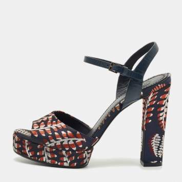 Pre Owned Tory Burch Navy Blue/Red Brocade Fabric Ankle Strap Sandals Size 38