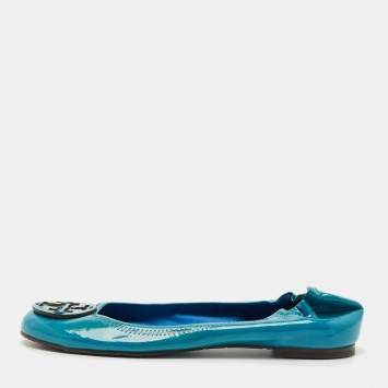 Pre Owned Tory Burch Blue Patent Leather Minnie Travel Ballet Flats Size 38.5