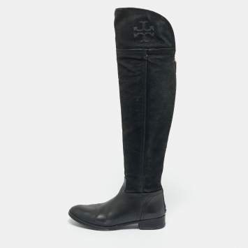 Pre Owned Tory Burch Black Leather and Nubuck Leather Knee Length Boots Size 37.5
