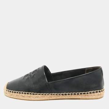 Pre Owned Tory Burch Black Leather Ines Espadrille Flats Size 38.5