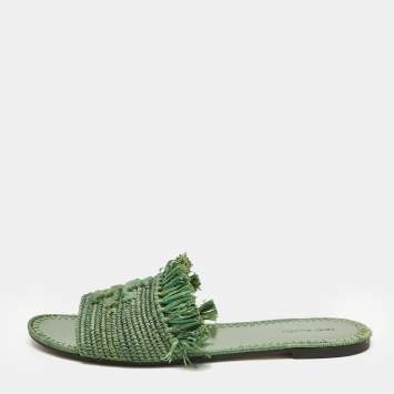 Pre Owned Tory Burch Green Raffia Eleanor Flat Slides Size 39