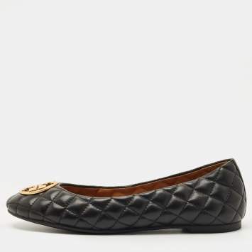 Pre Owned Tory Burch Black Quilted Leather Benton 2 Ballet Flats Size 37.5