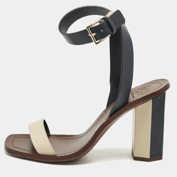Pre Owned Tory Burch Navy Blue/Cream Leather Ankle Strap Block Heel Sandals Size 38.5