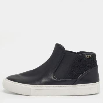 Pre Owned Tory Burch Black Lace and Leather Rosette High Top Nappa Sneakers Size 36