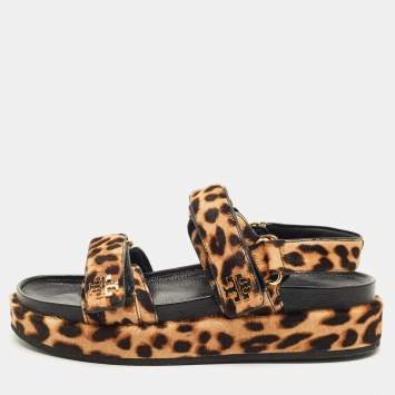 Pre Owned Tory Burch Brown Loepard-Print Calf Hair Flat Sandals Size 38