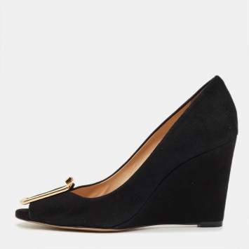 Pre Owned Tory Burch Black Suede Peep Toe Wedge Pumps Size 40