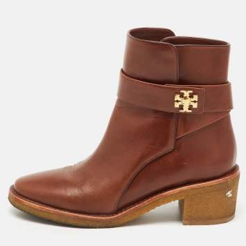 Pre Owned حذاء بوت طول كاحل توري برش جلد بني مقاس 38