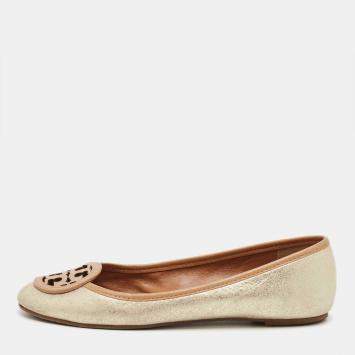 Pre Owned Tory Burch Silver/Brown Leather Louisa Ballet Flats Size 36