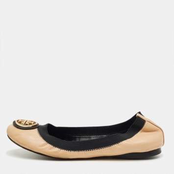 Pre Owned Tory Burch Beige/Black Leather Scrunch Minnie Ballet Flats Size 37