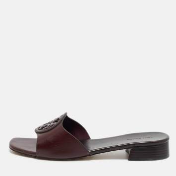 Pre Owned Tory Burch Burgundy Leather Miller Flat Slide Size 39