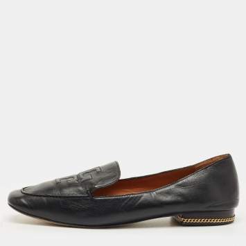 Pre Owned Tory Burch Black Leather Smoking Slippers Size 39.5